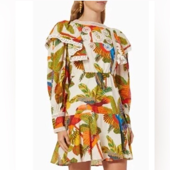 FARM RIO Ruffled printed Swiss-dot cotton mini dress SZ L - Picture 2 of 11